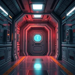 a wholesome animation key shot of a secret scifi laboratory entrance in a spacecraft hallway by studio ghibli, animation, sharp, rendered in unreal engine 5, focused, anime key art by greg hildebrant, bloom, dramatic lighting