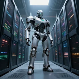 retrofuturism robot power armor in datacenter by simon stalenhag character design, robot in data center, trending on artstation, 8 k, ultra wide angle, zenith view, pincushion lens effect