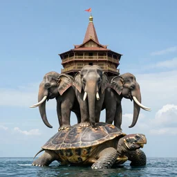 A large island building on three elephants, which can stand on a huge turtle