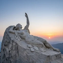 a detailed colossal magnificent stone sculpture carved from the top of a massive mountain of an elegant woman lying flat on the ground with one hand raised to the sky, fine detail, sunrise on the horizon in the background, stone hand raised up, 8 k, art by greg rutkowski and alphonse mucha and andreas rocha and albert bierstadt