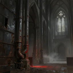 a matte painting of the interior of a gothic church, digital painting, concept art, rusty metal walls, broken pipes, dark colors, muted colors, red lighting, tense atmosphere, church cathedral, mist floats in the air, amazing value control, muted colors, moody colors, dramatic lighting, in the style of frank frazetta, sharp focus