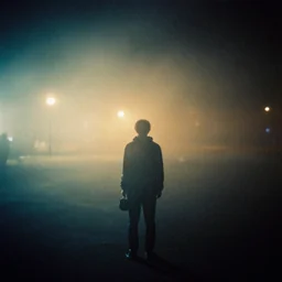 c - 4 1 colour negative film photo of vagrant at night volumetric fog