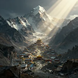 cyberpunk in himalayas, concept art, ultra detailed, intricate, 8 k, aesthetic!!!!, artstation style, god rays, volumetric lighting, unreal engine