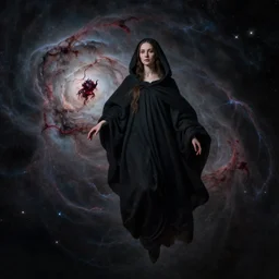 a closeup portrait of a cloaked woman floating next to a demon nebula, demon nebula, by jan van eyck