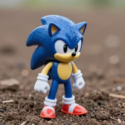 n extreme close up of a glittery plastic toy sonic the hedgehog in the dirt , high DOF, National Geographic, F 1.8, Kodak Portra