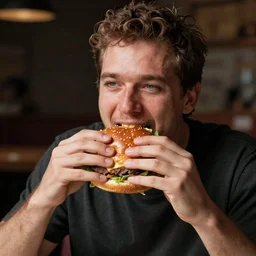 a real man eating a real burger in real life