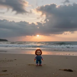 wide angle photograph of beach and dramatic sunset sky clouds above a tiny screaming chucky doll coming ashore realistic cinematic porta film