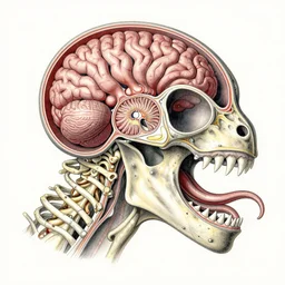 hyper-detailed color pencil antique medical illustration of Kaiju head cross-section, nautilus brain, ribcage, xhenomorph, with tentacles coming out of open mouth and exposed jaw bone, spinal column, cerebellar peduncle, interventricular foramen, symmetrical H 1024