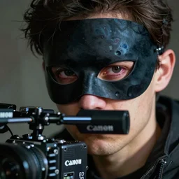 a masked man with eye slits in his mask reveals his bloodshot, soulless eyes stares in to the camera looking depressed, 15mm, CANON Eos C300, very detailed, beautiful atmospheric lighting