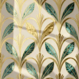 symmetry, repeating pattern. seamless gold teal leaf. wall paper. art deco