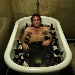 the top shot of the old dirty bathroom with old drunkard ( ( joaquin phoenix ) ) lying in old cast iron bath filled with many empty beer bottles in the water, still frame from the movie of gaspar noe with cinematography of christopher doyle, dark old dirty room, anamorphic, kodak film, sharp focus, realistic, 8 k