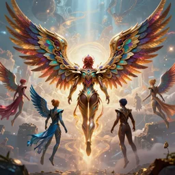 love, diverse winged cybersuits, from behind, flying rituals, wide wide angle, vivid, elaborate, highly detailed, beautiful lighting