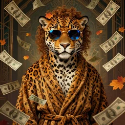 portrait, anthropomorphic jaguar, striped bathrobe, curly hair, electric sunglasses, surrounded by floating autumn dollar bills, fantasy, detailed, intricate, luminescent, elegant, coherent, by mandy jurgens, hannah yata and kay sage, donato giancola, detailed, artstation, cinematic lighting, artdeco, art deco outrun aesthetic