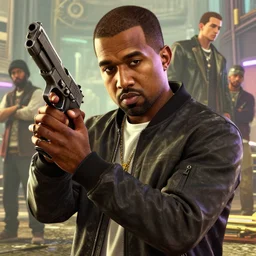 highly detailed portrait kanye west holding pistol! gta v stephen bliss unreal engine fantasy art by greg rutkowski loish rhads ferdinand knab makoto shinkai lois van baarle ilya kuvshinov rossdraws tom bagshaw global illumination radiant light detailed intricate environment