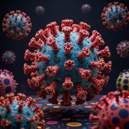 photorealism of coronavirus by Yayoi Kusama surreal detailed, high definition chaotic, micro details wide angle lens dark lighting