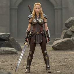 full body photo of karen gillan as an amazon warrior with weapons