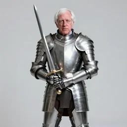 paparazzi photograph of bernie sanders wearing a shiny suit of platemail armor and holding a sword