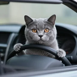 a british gray cat behind the steering wheel