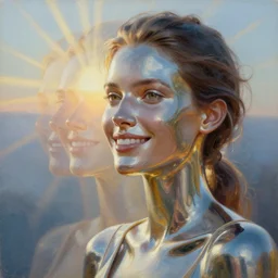 3 d, close - up, smiling fashion model, liquid metal, morning, sun rays, poster art, hyper detail, intricate oil painting, multiple exposure, 3 d, by stanley kubrick and tooth wu and wlop and beeple and greg rutkowski