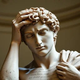 the statue david from michelangelo with his hands on his head, sleeping, headache, hangover,