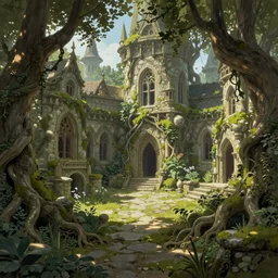 “ a courtyard in a beautiful elven city made of stone and tree roots, rich moss and vegetation, a fantasy digital painting, artstation, concept art, sharp focus, illustration, art by greg rutkowski and alphonse mucha ”