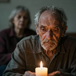 a close up portrait of one solitary old underweight scruffy man and woman frozen, full colour, energy crisis, hyper realistic photo, candle light, shallow depth of field, upscale, 8 k, masterpiece,
