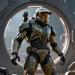 Master Chief on the surface of a Halo ring, highly detailed, high quality, digital art, dynamic lighting 4k
