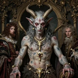 ornate, goblin demon lucifer, ethereal, scars and intricate tattoos, bone jewellery, rococo, by emil melmoth and sadan vague and frederik heyman