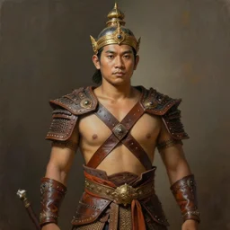 king ramkhaheang of sukhothai, close portrait, historical, ethnic group, traditional tai costume, sukhothai headset, leather shoulder armor, fantasy, intricate, with leather armor cross onbare chest, elegant, loin cloth, highly detailed, oill painting, artstation, concept art, matte, sharp focus, illustration, hearthstone, art by earl norem