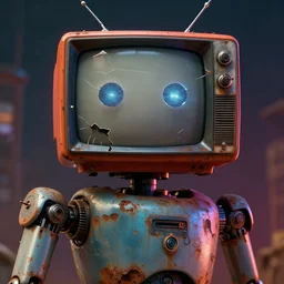 a robot with a ( ( ( ( ( broken ) ) ) ) ) old tv head, detailed, rusty,,, concept art, matte painting, trending artstation, octane render, vivid cinematic lightning, apocalyptic 8 k