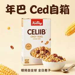 cereal box poster following the ideals of will keith kellogg ; product photo of a cereal box ; professional advertisement photography of a box of celibacy cereal ; crushed corn to encourage abstinence and celibacy ; close - up of the box carton ; advertisement poster ; american product category