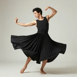 a photorealistic illustration of a man dancing in a black Issey Miyake dress