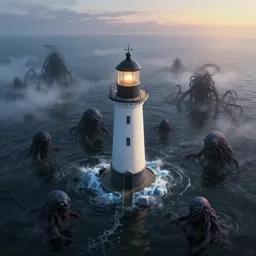 a beautifuly ultradetailed painting of a lighthouse in a sea of black water with eldritch terrors crawling up from the water, icy mist, morning shot, raphael lacoste, makoto shinkai, 4 k, trending on artstation, aerial photography, ultrawide lens : 2, dof : - 1, blur : - 1