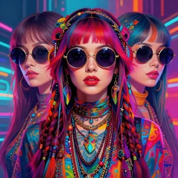 colorful 3 / 4 body portrait of a female hippie with round sunglasses, set in the future 2 1 5 0 | highly detailed | very intricate | symmetrical | professional model | cinematic lighting | award - winning | painted by mandy jurgens and ross tran | pan futurism, dystopian, bold psychedelic colors, cyberpunk, groovy vibe, anime aesthestic | featured on artstation