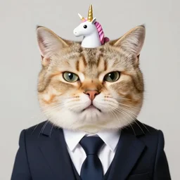 photo of a cat with a snarky smile, he has a unicorn on his forehead and he is wearing a suit