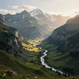 gorgeous dreamy alpen landscape, soft rays over mountain top, valley, river flowing through, photorealism, landscape photography, award - winning photography, artstation, national geographic