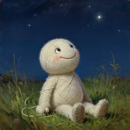 low angle shot of a smiling bipedal yarn creature sitting in high grass looking up at the stars at night, beads for eyes, looking up at the stars, looking up, made of yarn string, fuzzy, hyperrealistic, classical oil painting, highly detailed, digital illustration, concept art, smooth, sharp focus, art by tim hildebrandt, and greg hildebrandt