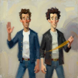 bill and ted, painting by phil hale, fransico goya,'action lines '!!!, graphic style, visible brushstrokes, motion blur, blurry, visible paint texture, crisp hd image