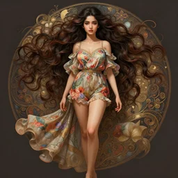cute gujarati woman with a beautiful face and eyes, long hair, wearing a flowery romper, long legs, fantasy, intricate, full body shot, sexy, highly detailed, digital painting, artstation, concept art, wallpaper, smooth, sharp focus, realistic photo by artgerm and greg rutkowski and alphonse mucha