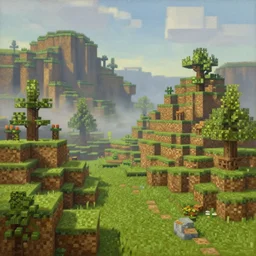a classic oil painting of a beautiful landscape in the style of minecraft, beautiful detail, rtx lighting, mist,,