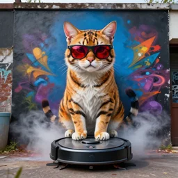 grafitti mural, cat in front of mural sitting on top of roomba car, cat wearing red - tinted sunglasses, fullbody portrait, tigerprint, volumetric lighting, mist