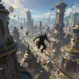 An epic fantasy comic book style landscape painting of a thieves zipping through the skyline of a vibrant steampunk city, unreal 5, DAZ, hyperrealistic, octane render, dynamic lighting