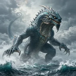 huge sea monster, towering over you, colossal giant, mythical sea creature, epic, waves, rough ocean, stormy, gigantic huge sea monster, extremely detailed, intricate digital art, 8 k