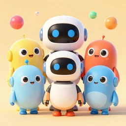 concept of cute colorful 3 d family robot characters for kids in kurzgesagt style, big eyes, simple smooth shapes and forms, reflective like candy, family friendly, masterpiece, award - winning, intricate concept art, 8 k, artstation