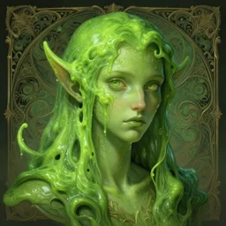 portrait of green slime, solarpunk, baldurs gate! intricate, elegant, highly detailed, ray tracing, digital painting, artstation, concept art, smooth, sharp focus, illustration, art by artgerm and greg rutkowski and alphonse mucha, 8 k