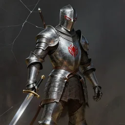 medieval knight spiderman. fantasy art, plate armor. dramatic lighting. warrior. fullplate. web and sword. digital painting, highly detailed