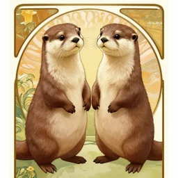 Cute otters holding hands. Art noveau. Poster by Alphons Mucha.