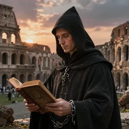half portait of magican wearing a closed cowl and big old book! chained to the wrist, jeremy mann, jean - leon gerome, tiepolo, alphonse mucha, greg rutkowski, face in the shadows, ( ( ruins of ancient rome ) ), at dusk, mysterious atmosphere, sunrays, dof, high detailed, 8 k