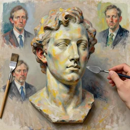 a sculpture portrait made of paint and pastel and brush and spatula, painting part by wojciech siudmak, part by ilya repin, part by max ernst, part by norman rockwell, artstation