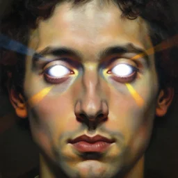 painting portrait of a man with vibrant light beams in the place of his eyes, matte painting, close up, masterpiece, white eyes, by Caravaggio